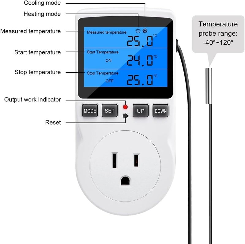 diymore Digital Thermostat Temperature Controller Electric Digital RV Thermostat Heating Cooling Control Mode Timer 1800W 120V 15A Incubator Thermometer Reptile Thermostat Greenhouse Pool Thermometer - Image 3